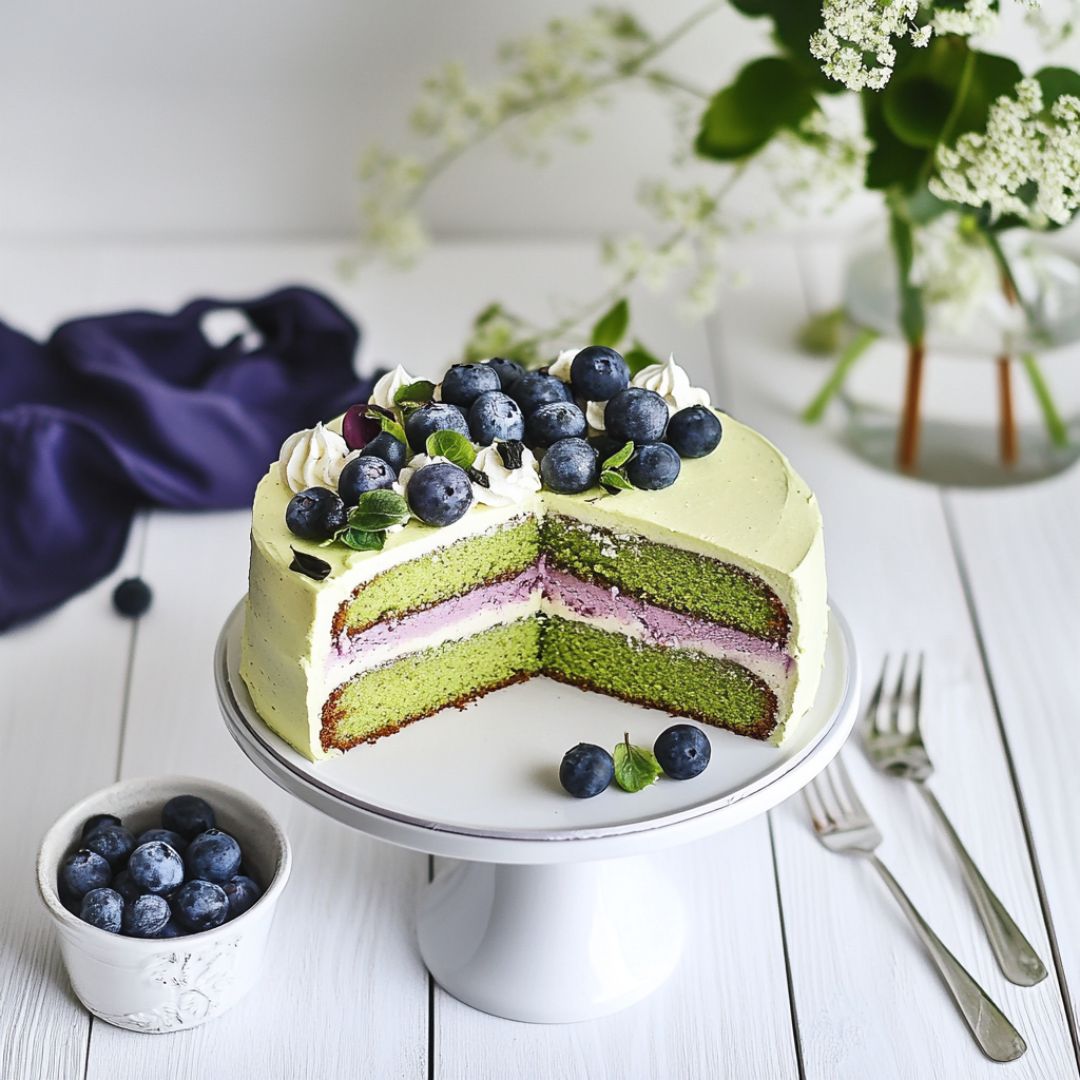 Cake Vegan Thé Matcha et Myrtilles