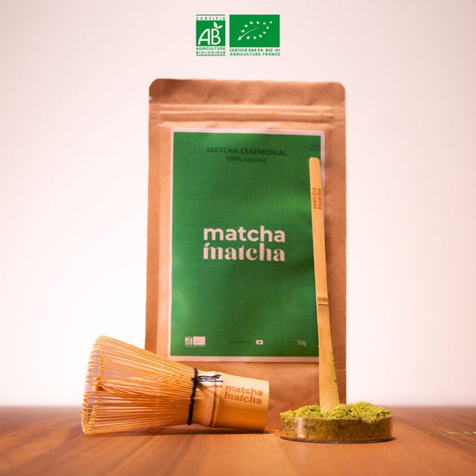 Matcha Matcha bio ceremonie, cuillere en bambou, fouet en bambou