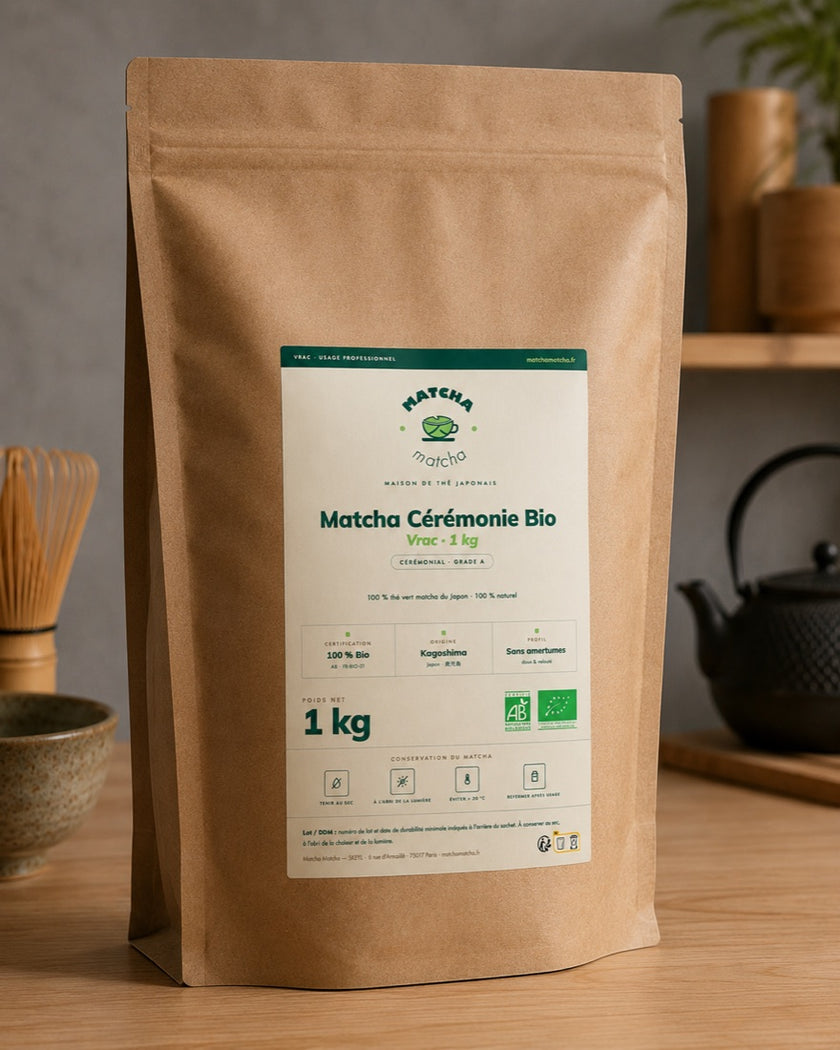 Sachet vrac 1 kg de Matcha Cérémonie Bio du Japon, fournisseur de matcha bio en France